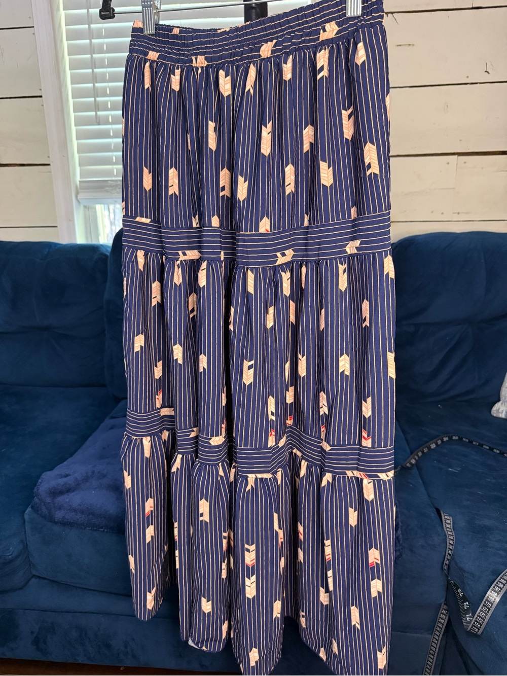 Jacquie The Label Navy Tiered Maxi Skirt with Peach arrow Print